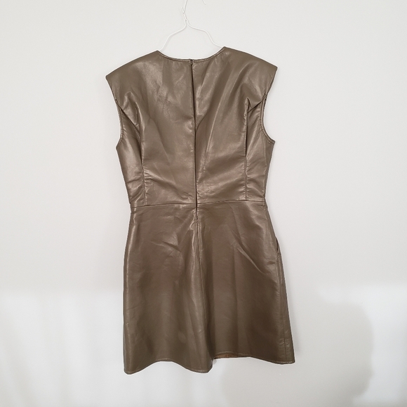 AS BY DF Port Elizabeth Recycled Leather Strong Shoulder Dress Olive Sz Medium - Picture 4 of 6